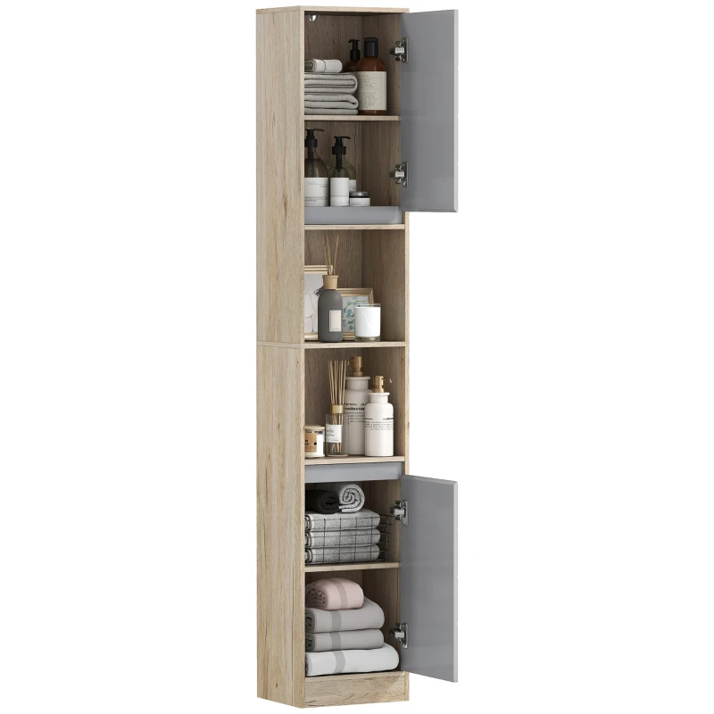 HOMCOM Armario de Baño Alto, Columna de Baño Estrecha con 2 Puertas y 2 Estantes Abiertos, para Espacios Pequeños, 30x24x170 cm, Roble y Gris