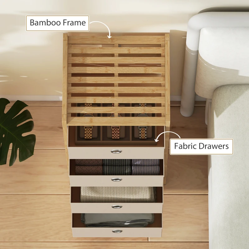 HOMCOM Chest of Drawers, 4 Fabric Drawers Narrow Dresser with Bamboo Frame, Cream White