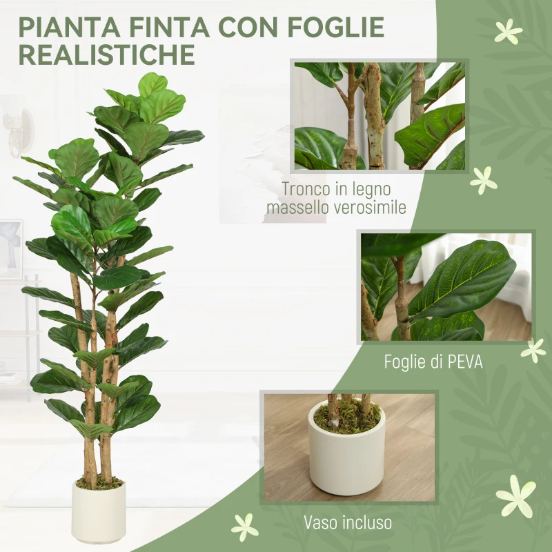 HOMCOM Pianta di Fico Artificiale Verde in PEVA e Legno con Vaso Contenitore in PP e Cemento, 50x50x150 cm