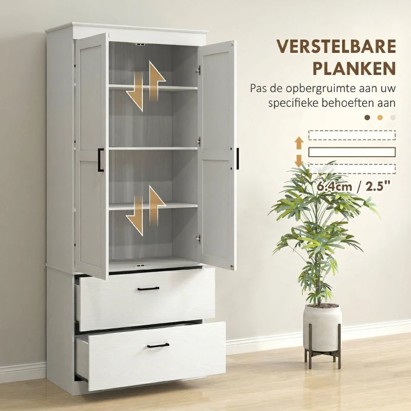 HOMCOM Vrijstaande Keukenkast met Verstelbare Schappen en Twee Brede Laden voor Woonkamer, Keuken, Wit(m-6)
