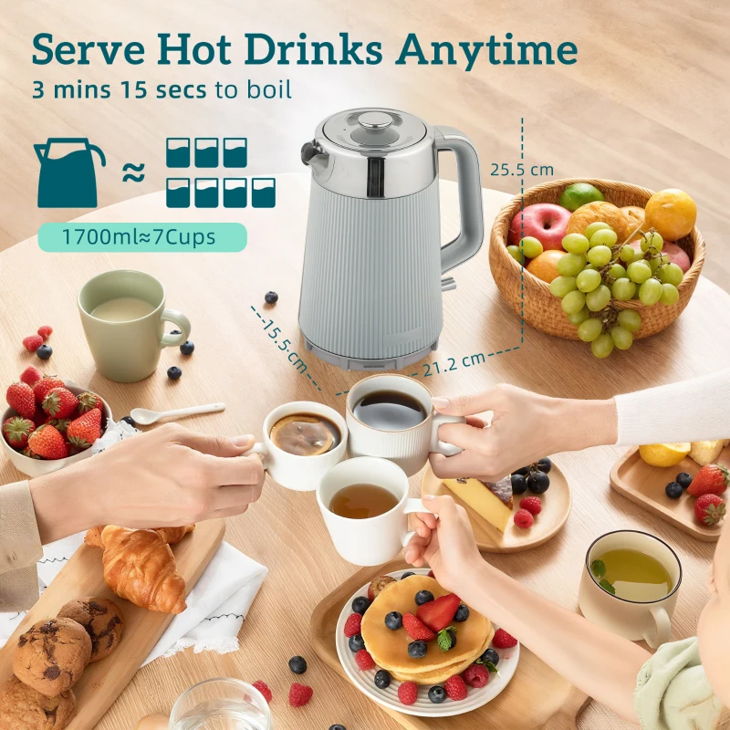 HOMCOM Electric Stainless Steel Kettle and Toaster Set, 3000W 1.7L UK Strix Thermostat Fast Boil Kettle w/ Limescale Filter, Cool Touch Body, 4 Slice Toaster with 7 Browning Levels, Taupe