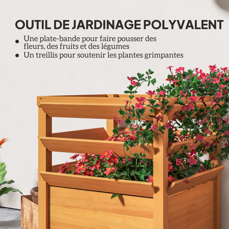 Outsunny Planter with trellis, open-bottom raised garden bed, wooden flower box 65 x 65 x 73 cm, light brown