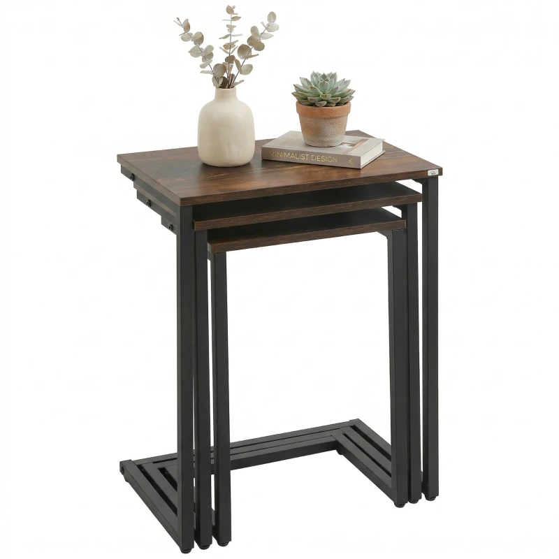 HOMCOM Nesting Side Tables Set of 3, C-Shaped Snack Side Tables with Steel Frame for Sofa Couch and Bed, Rustic Brown
