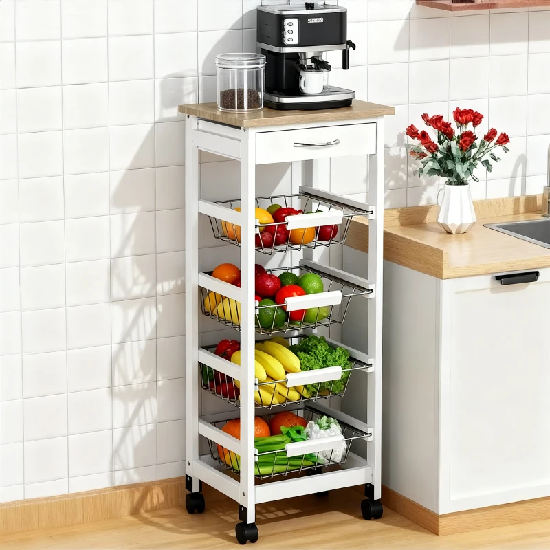 HOMCOM Multi-storage Service Cart on Wheels, 4 Metal Baskets + Drawer, Pine Wood, 37 x 37 x 82 cm, White