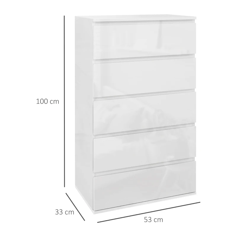 HOMCOM 5-Drawer Modern Dresser, High Gloss Storage Drawer Unit for Bedroom, White