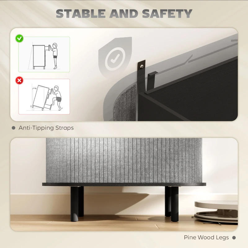 HOMCOM Tambour Sideboard with Fluted Sliding Doors, Modern Kitchen Cupboard with Storage Shelves and Wooden Legs, Grey
