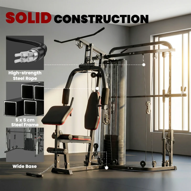 SPORTNOW Home Multi Gym Smith Machine with 65kg Weight Stack, Cable Pulley System, Chest Station, Preacher Pad & Leg Developer
