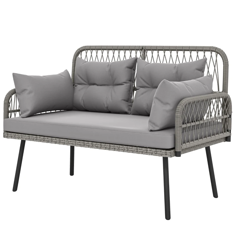 Outsunny 2-Seater Woven Resin Garden Sofa with Cushions and Pillows, Outdoor Sofa with Armrests, Dark Gray