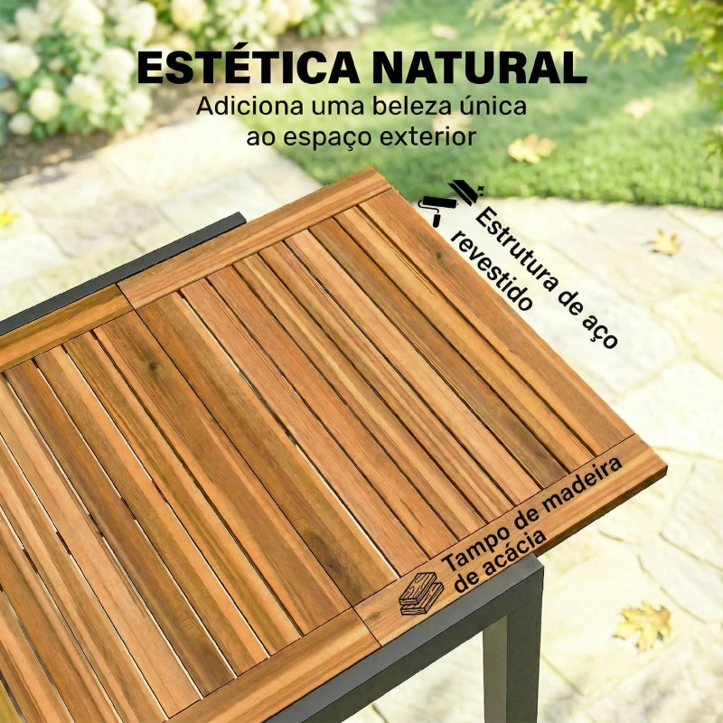 Outsunny Mesa de Refeição para Exterior Extensível 120/80x70 cm com Estrutura de Aço e Bancada de Madeira de Acácia para 4-6 Pessoas Madeira e Preto