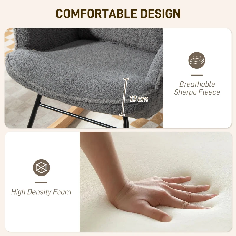 HOMCOM Rocking Chair with Footstool, Sherpa Fleece Armchair with Wooden Legs and Pillow, High Backrest Lounge Chair for Adults, Nursery, Living Room, Bedroom, Charcoal Grey