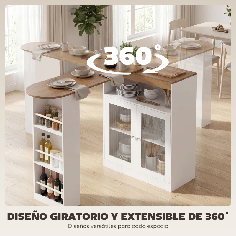 HOMCOM Mesa de Bar Extensible y Giratoria 90° con Estantes Abiertos y 2 Puertas de Vidrio 150x80x105,5 cm Blanco y Natural