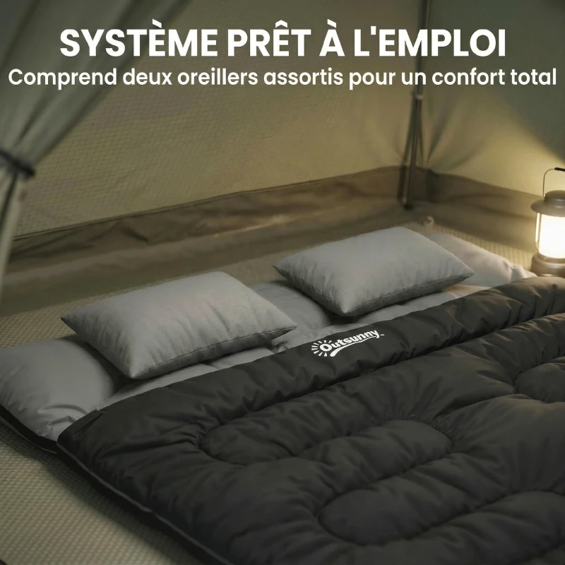 Outsunny Sac de Couchage Double, Modulable en 2 Sacs pour 2 Personnes, 2 Oreillers, Section Tête, 400 g/m², 220x160x10cm, Noir