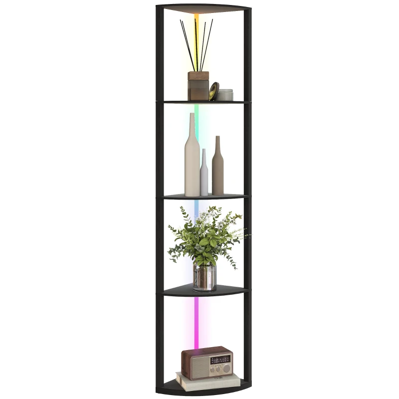 HOMCOM RGB LED Floor Lamp with Shelves, 5-Tier Dimmable Standing Lamp with Adjustable Brightness and Remote Control, Modern Corner Display Shelf Unit for Living Room Bedroom Office, Black