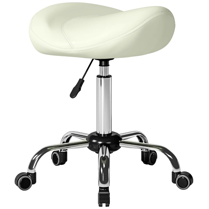 HOMCOM Sattelstuhl, höhenverstellbarer Rollstuhl mit PU-Leder für Massage, Spa, Klinik, Beauty und Tattoo, Cremeweiß