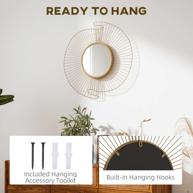 HOMCOM Decorațiune de Perete Oglindă Rotundă, Oglindă Modernă cu Benzi din Metal și Design Plisat, Artă Decorativă pentru Living, Dormitor și Intrare, 60x60 cm, Auriu