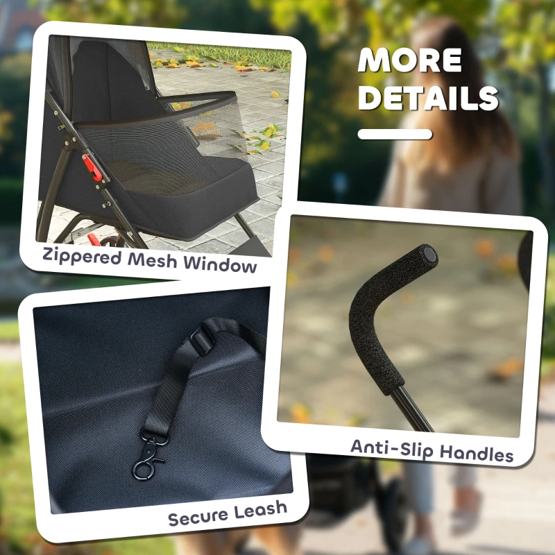 PawHut Dog Stroller, Foldable Cat Dog Pram for Miniature Breeds, Pet Stroller with Brake, Mesh Windows, Black