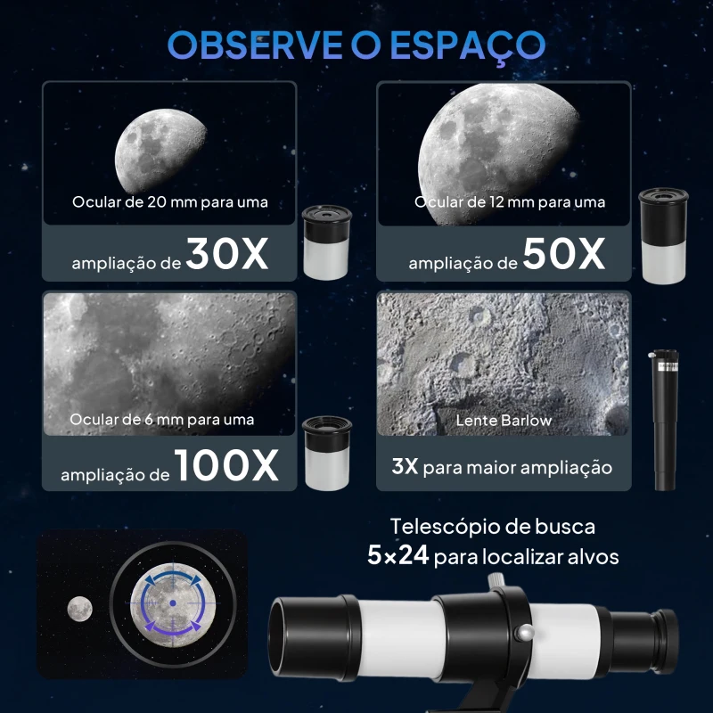 Outsunny Telescópio com  Abertura de 70 mm 30X-300X 300 mm Lente Barlow 3X Nível e Tripé Ajustável 76x76x133 cm Branco e Preto