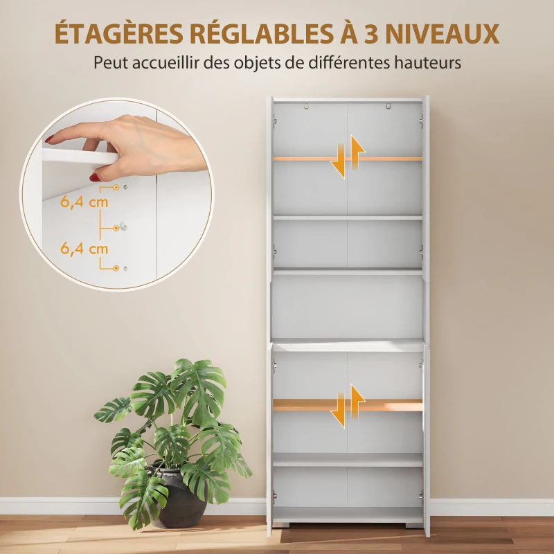 HOMCOM Buffet haut cuisine, armoire de cuisine, 4 portes à fermeture douce et étagères réglables, 68x34x180cm, blanc brillant