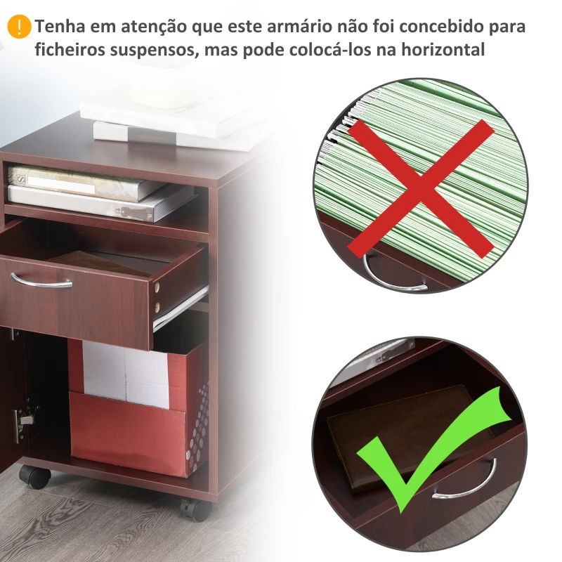 HOMCOM Bloco de Gavetas com Rodas Gaveta Compartimento Porta Arquivador Móvel para Escritório 40x35x60 cm Castanho Escuro