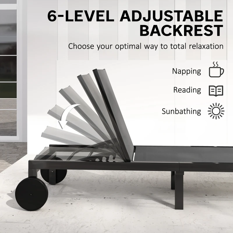 Outsunny Ligstoel Ademend Tuinligbed met 6-verstelbare Rugleuning, Wielen, Aluminium Frame