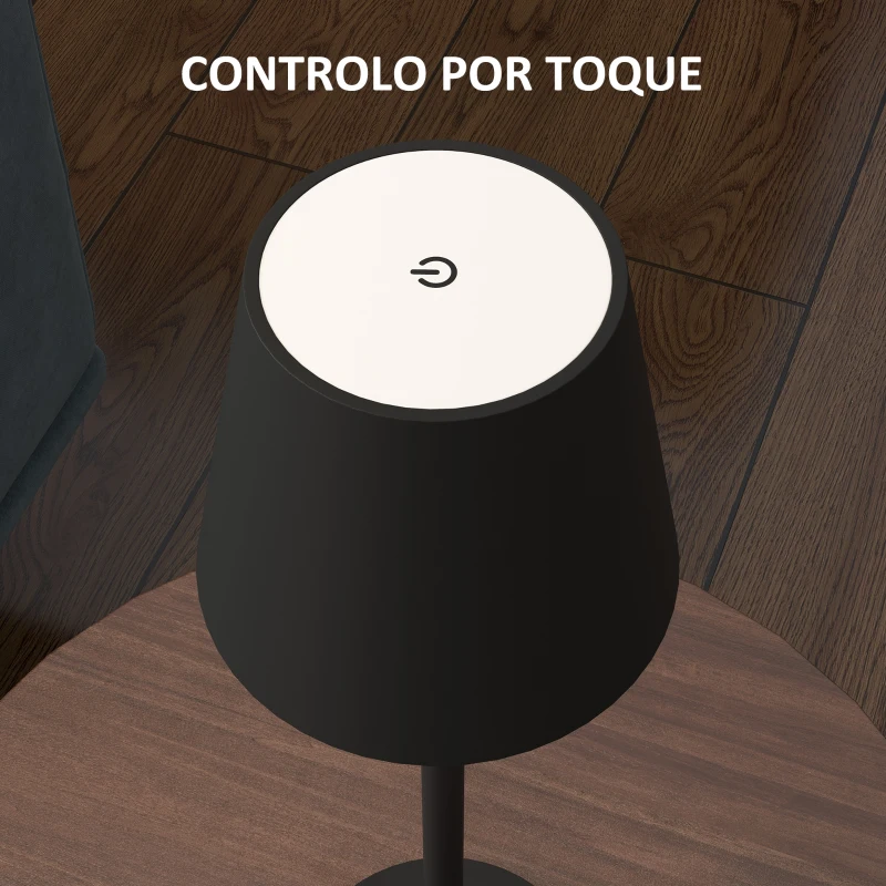 HOMCOM Candeeiro de Mesa com Luzes LED Candeeiro de Mesa Sem Fios Recarregável por USB-C 3 Cores Ø11,2x36,5 cm Preto