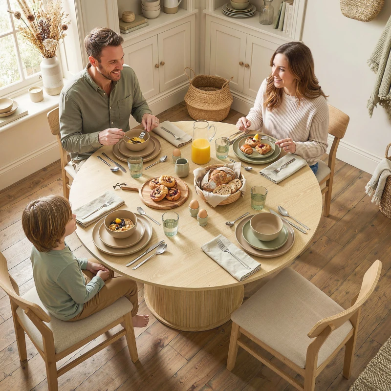 HOMCOM Tavolo rotondo da cucina per 5 persone, base cilindrica cannelata, 120x120x75 cm, Legno naturale