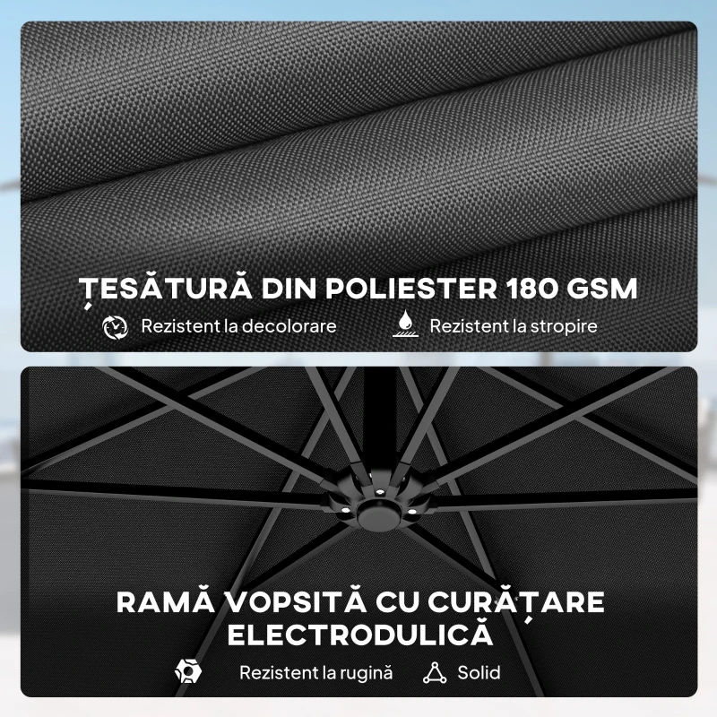 Outsunny Umbrelă de Grădină Suspendată 3x3m cu Baldachin Reglabil, Bază în Cruce, Ventilație, Manivelă, Umbrelă Decentralizată Înclinabilă din Metal și Poliester, pentru Curte Terasă, Negru