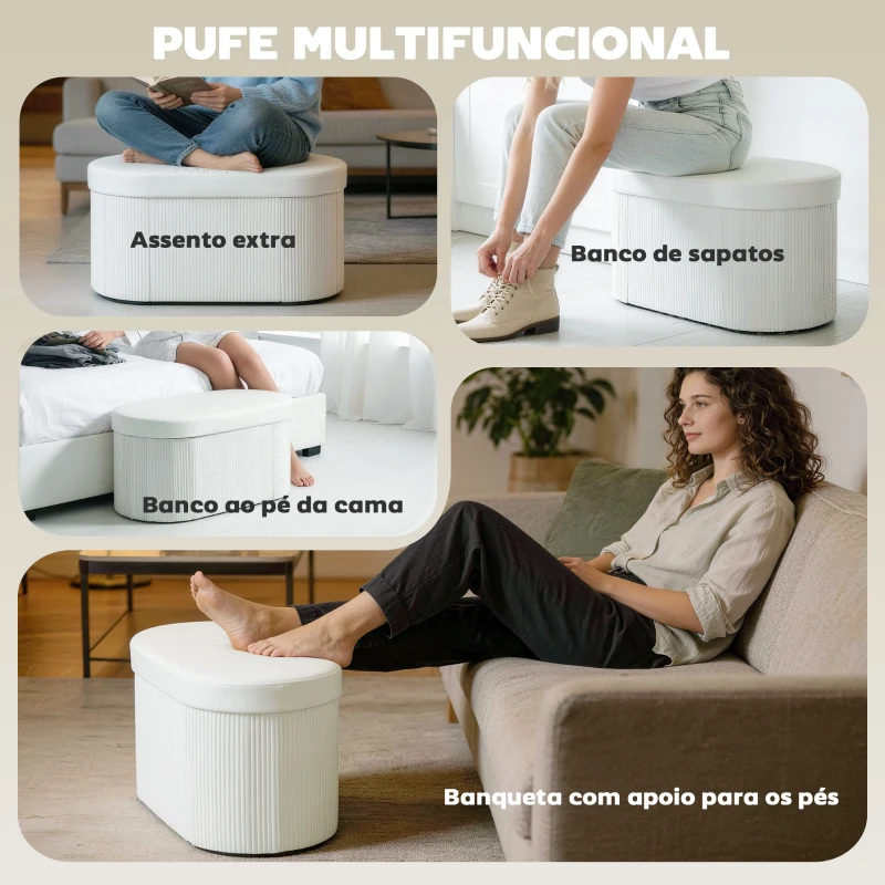 HOMCOM Puff de Arrumação 72 L 76x38x35 cm Estofado em Veludo Baú de Arrumação Suporta 120 kg Creme