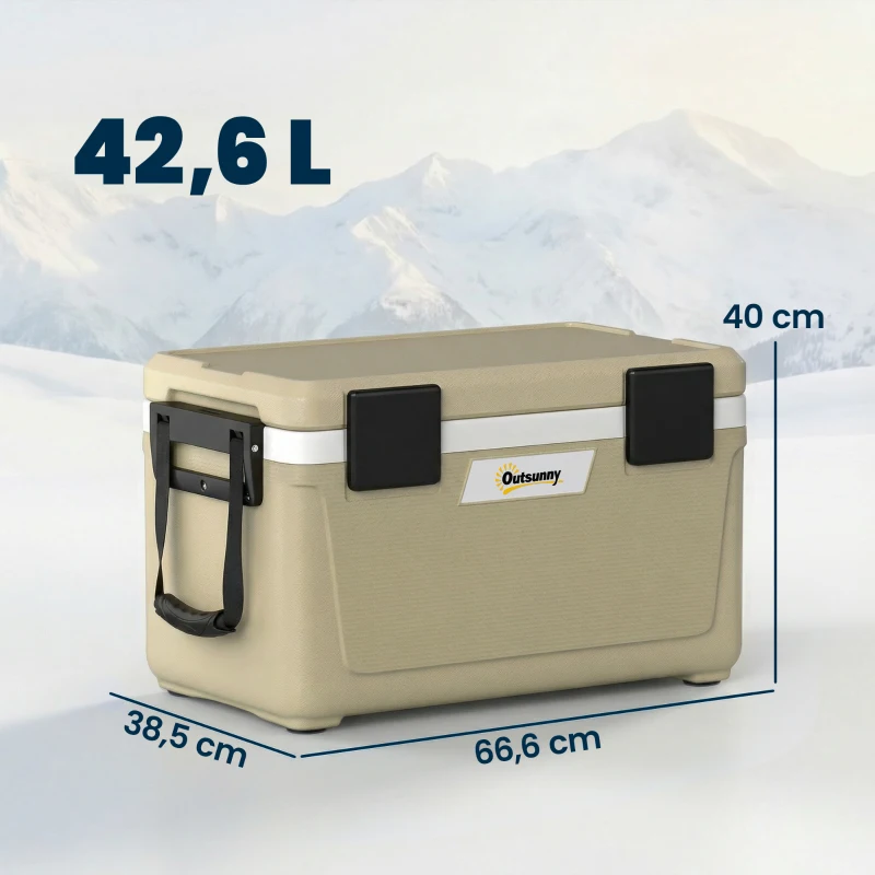 Outsunny Nevera 42,6L Gran caja isotérmica pasiva hasta 72 h de refrigeración, con aislamiento integral de espuma de PU, válvula de drenaje, asa, portátil