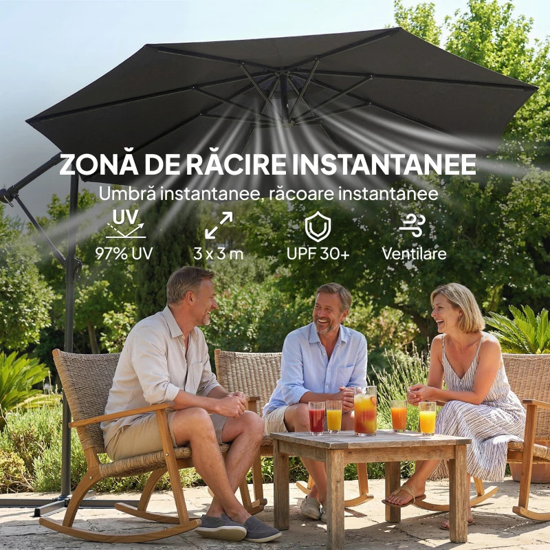 Outsunny Umbrelă de Grădină Suspendată 3x3m cu Baldachin Reglabil, Bază în Cruce, Ventilație, Manivelă, Umbrelă Decentralizată Înclinabilă din Metal și Poliester, pentru Curte Terasă, Negru