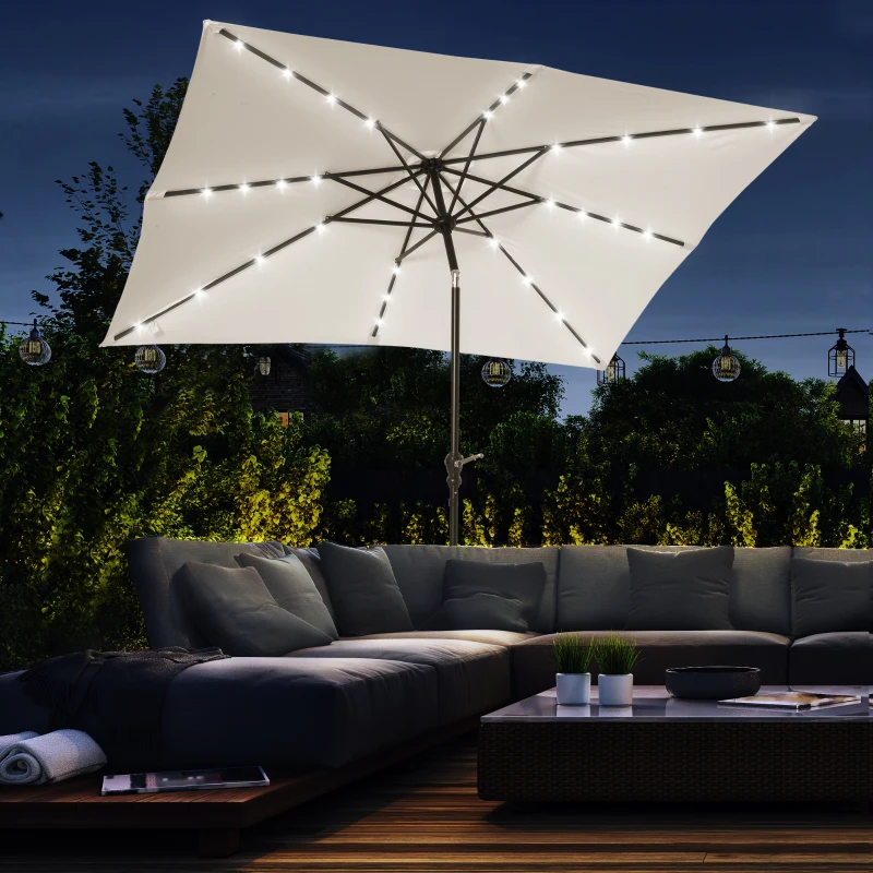 Outsunny Chapéu de Sol com Luzes LED 268x205x248 cm Chapéu de Sol de Jardim Inclinável até 45° e Abertura a Manivela Creme