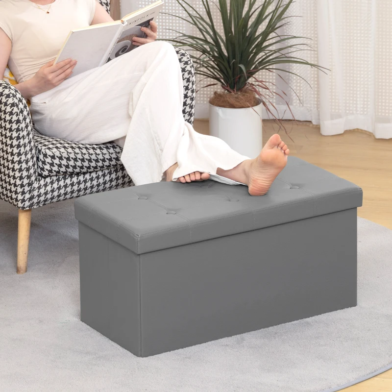 HOMCOM Storage Ottoman Bench, 89L PU Leather Folding Foot Rest Stool, End of Bed Bench, Easy Assembly, for Living Room, Bedroom, Entryway, Grey