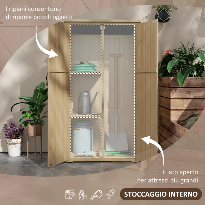 Outsunny Armadio da giardino casetta rimessa per attrezzi 90L x 54,5P x 161/168,5H cm 2 ripiani tetto bitumato impermeabile legno pino autoclave