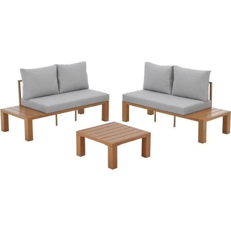 Salon de jardin canapé d'angle SANA - Aluminium effet bois - 4 personnes - Gris perle