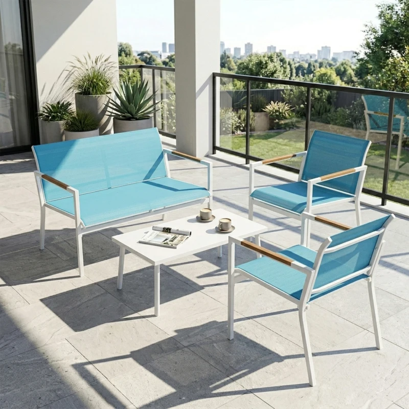 Outsunny Set Jardín 4 Plazas Sofá, Sillones, Mesa de Metal, Azul.