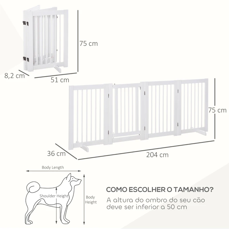 PawHut Barreira de Segurança para Cães em Madeira Dobrável para Escadas e Portas para Cães Pequenos e Médios de 4 Painéis 204x36x75 cm Branco