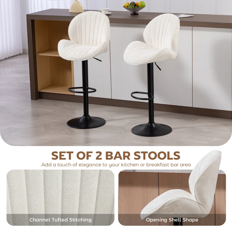 HOMCOM Bar Stools Set of 2, Swivel Barstools with Back, Adjustable Height and Footrest for Kitchen Island, Dining Room, Cream