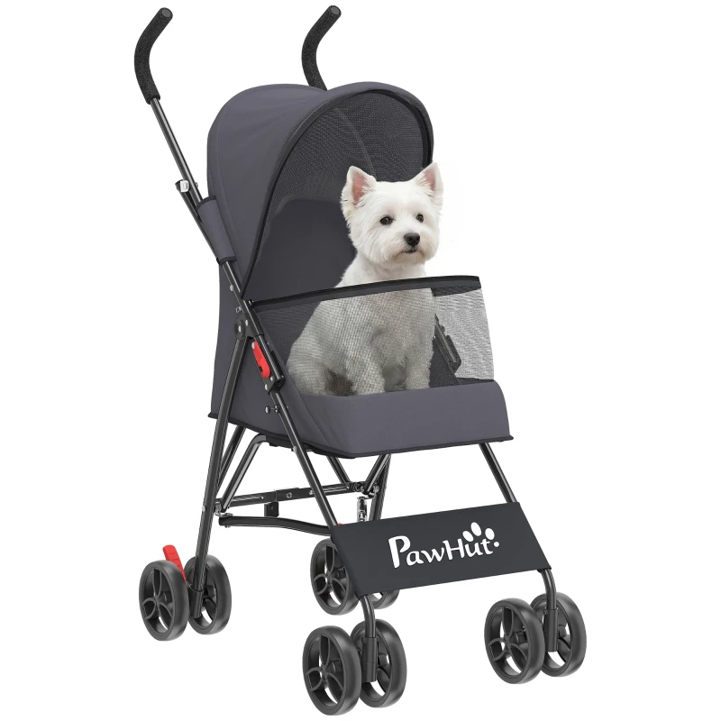 PawHut Dog Stroller, Foldable Cat Dog Pram for Miniature Breeds, Pet Stroller with Brake, Mesh Windows, Dark Grey