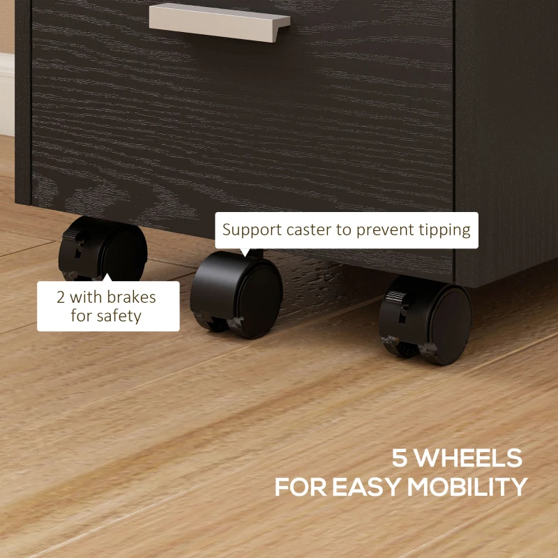 HOMCOM 3 Drawer Filing Cabinet, Rolling File Cabinet with Edged Top for Letter, A4 Size, Hanging File Folders, Black