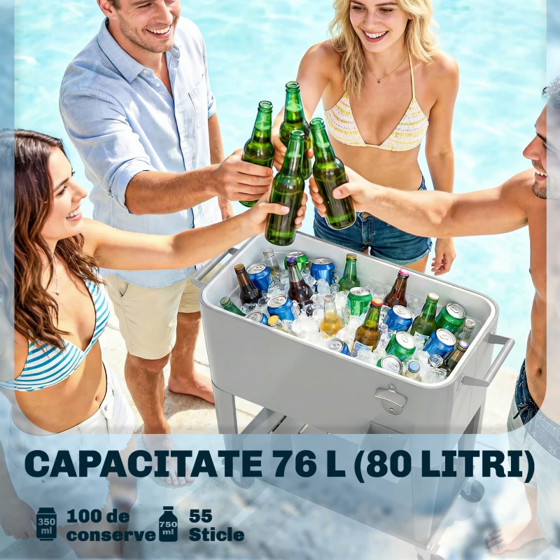 Outsunny Frigider de Grădină de 76L, Cărucior Portabil cu Raft, Deschizător de Sticle, Roți Blocabile, Recipient pentru Capace, Portabil pentru Băuturi, Bar, Grădină, Petreceri, Argintiu