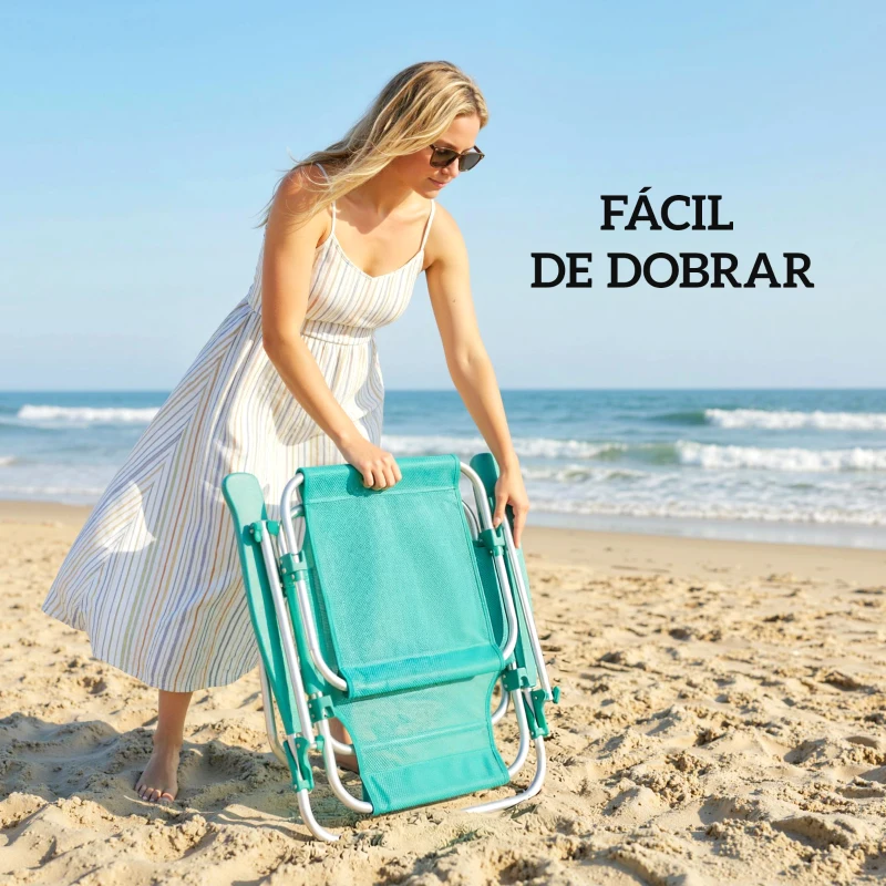 Outsunny Conjunto de 2 Cadeiras de Praia Dobráveis com Toldo Ajustável Encosto Reclinável em 6 Posições Apoio de Cabeça Turquesa