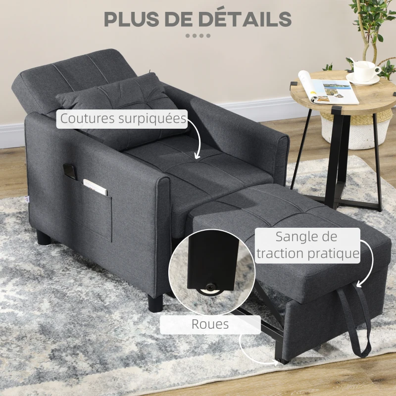 HOMCOM Fauteuil convertible 1 place 3 en 1 dossier réglable en 3 positions oreiller inclus 2 poches latérales 69x82x85cm gris(m-7)