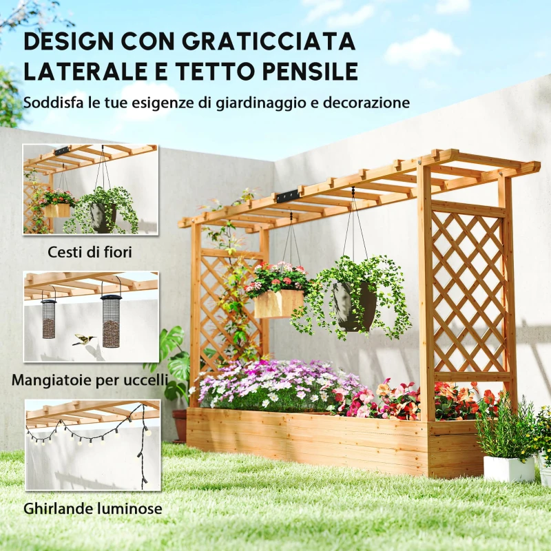 Outsunny Fioriera rialzata con traliccio laterale e superiore, vaso da fiori fori di drenaggio, 200x44x113,5cm, legno naturale