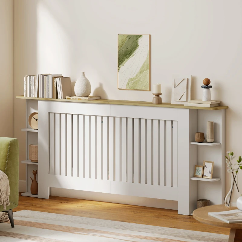 HOMCOM Radiator Cover with Open Storage Shelves, Vertical Slatted Cabinet Shelf Heater Cover for Living Room, Hallway, Extra Large, White