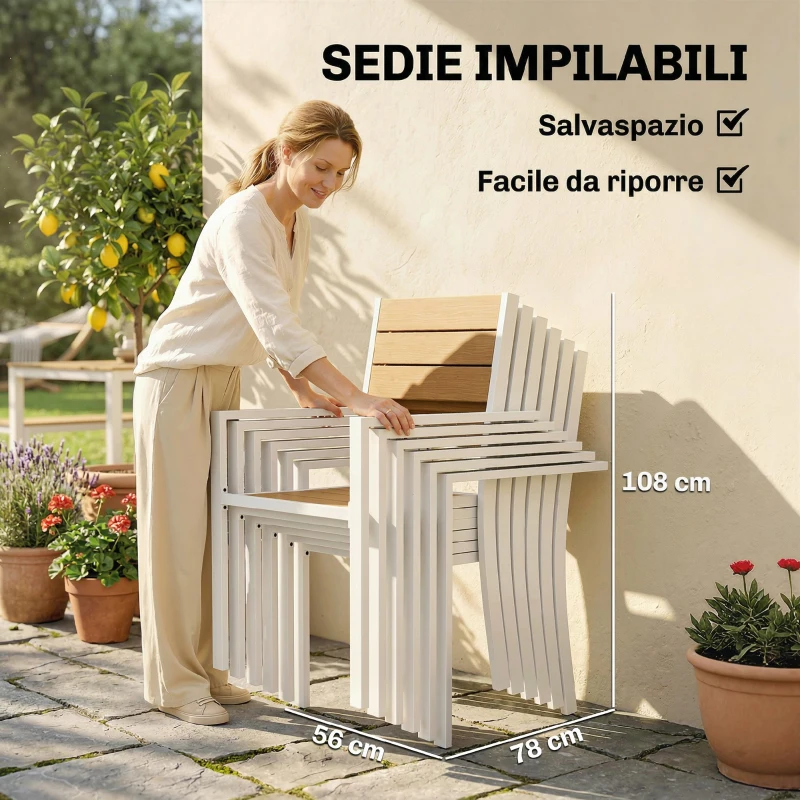 Outsunny Set da Pranzo Esterno 7 Pezzi con Tavolo e 6 Sedie Impilabili con Braccioli in Alluminio, Teak