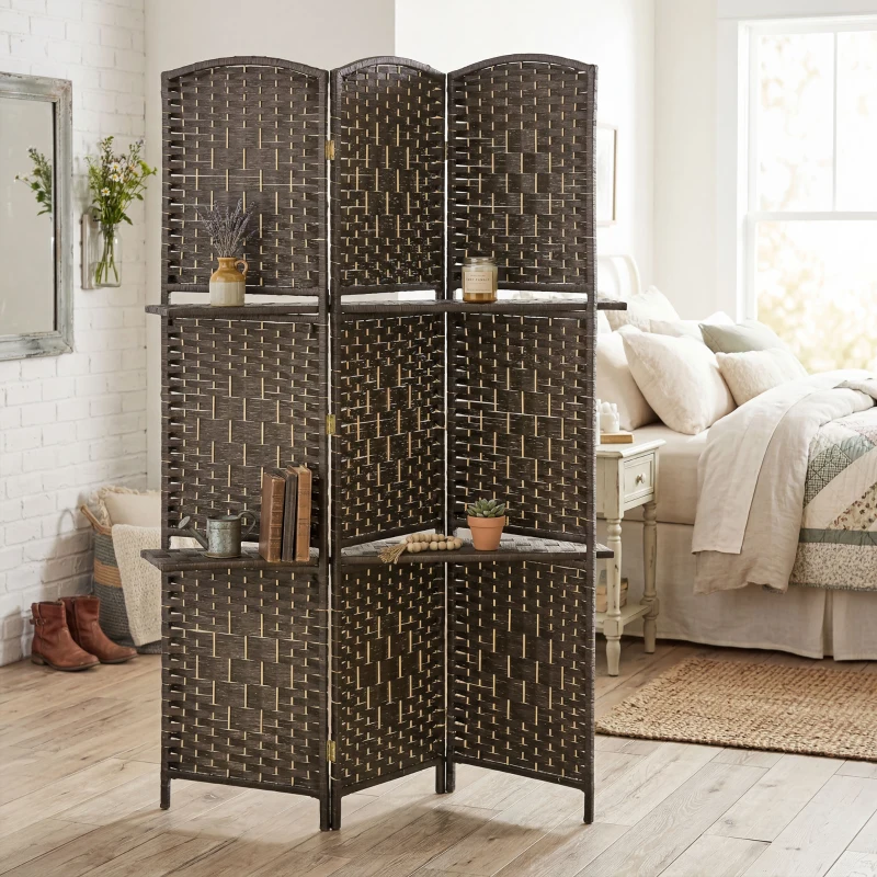 HOMCOM Paravent séparateur de pièce 4 panneaux 160 x170 cm avec 2 étagères, pliable, en bois