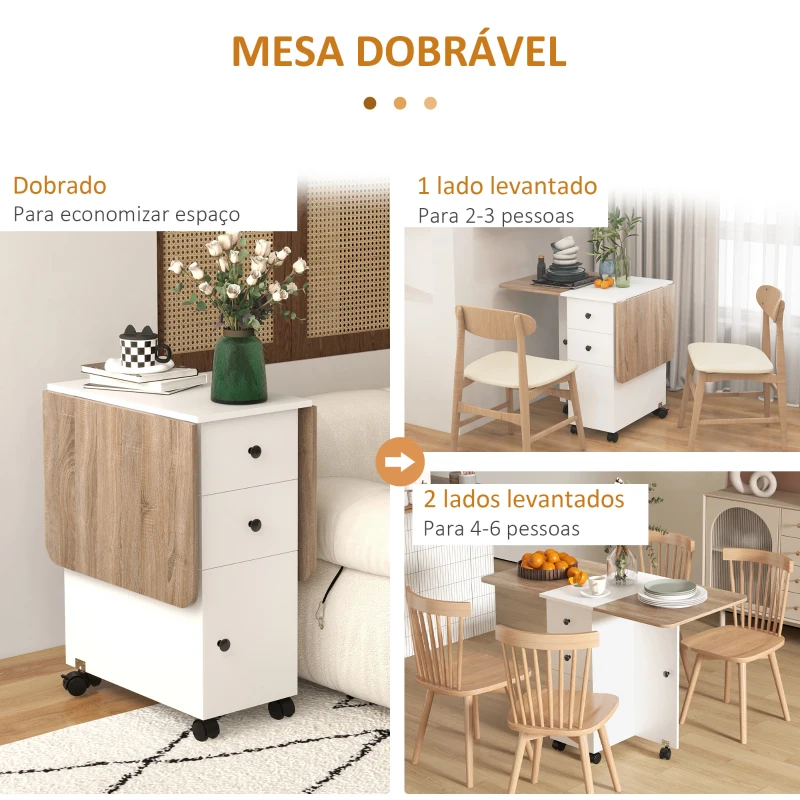 HOMCOM Mesa de Refeição com Rodas Mesa Abatível com 2 Gavetas e Armário Mesa Auxiliar Multifuncional 120x60x76,5 cm Branco