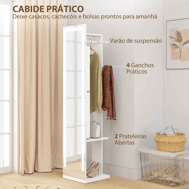 HOMCOM Espelho para Jóias com Luzes LED Espelho de Corpo Inteiro Rotativo 360° Prateleiras Abertas Barras para Pendurar Branco