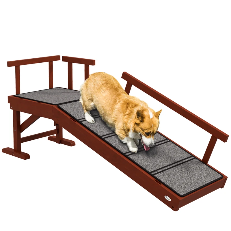 PawHut Wooden Dog Ramp with Removable Guardrails, Non-Slip Surface, 125 cm Long, Brown
