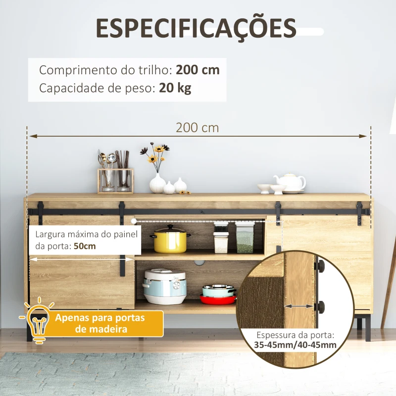 HOMCOM Ferragens Portas de Correr 200 cm Kit para Porta de Correr Dupla Largura 50 cm Aço Carbono Preto